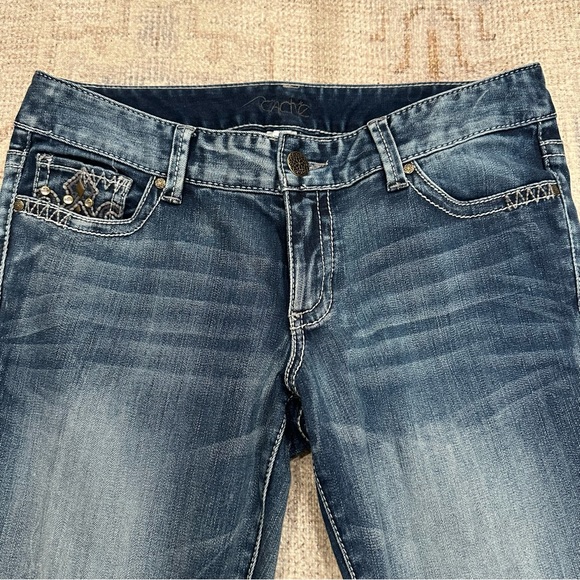 Like New Cache Gold Tone Embellished Flare Denim Jeans | 8 - Picture 6 of 10